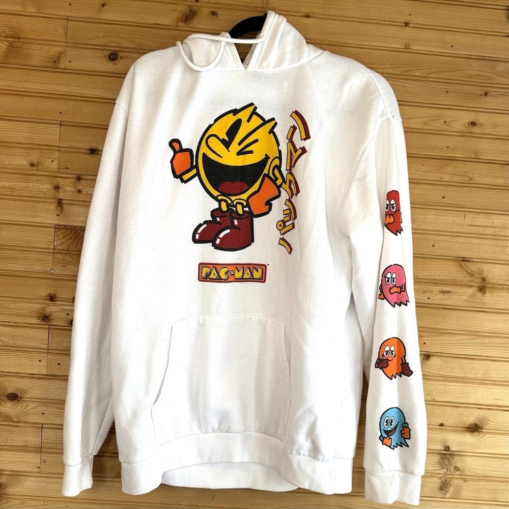 PAC-MAN and Ghosts Japanese Spellout Graphic Hoodie White Large Video Game Retro